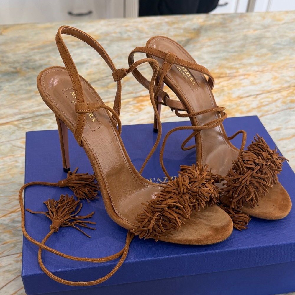Aquazzura Wild Thing Tan Fringe Heeled Sandals